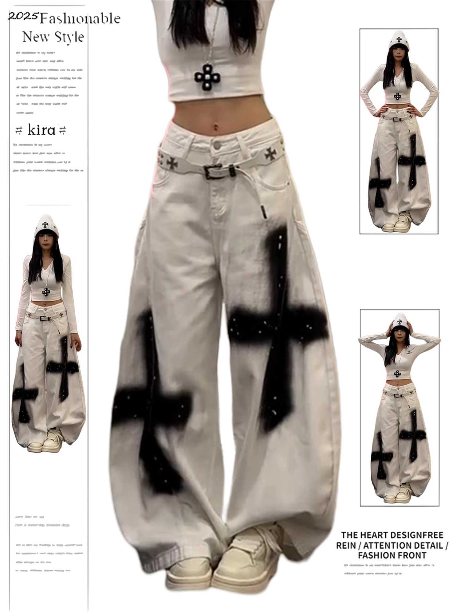 Y2K Womens High Waist Super Wide Leg White Jeans Black Cross Graffiti Studded Gothic Streetwear Trendy Denim Trousers M260310