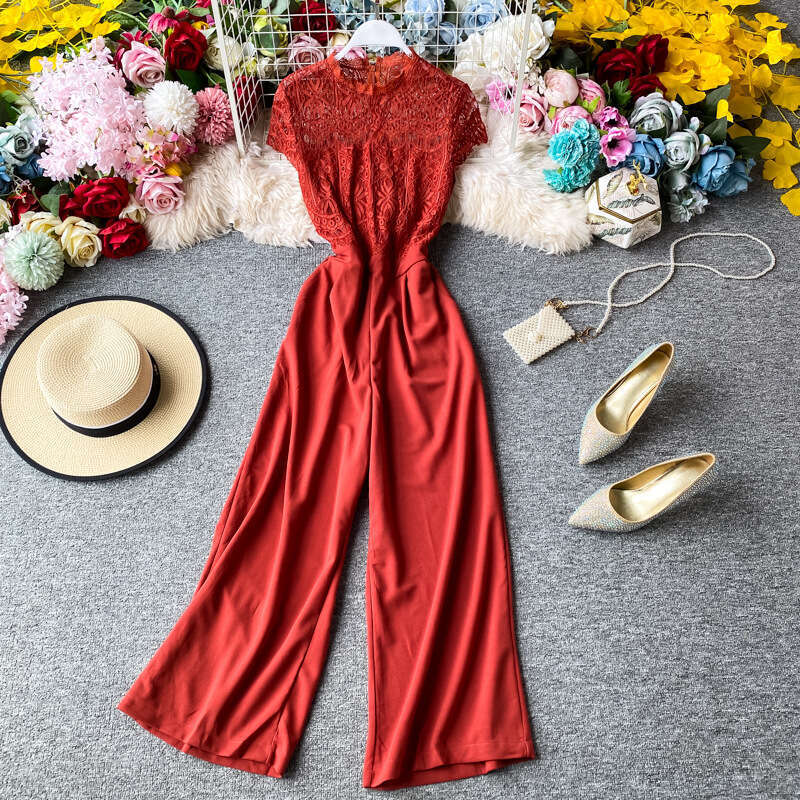 Fashionable and sexy women's 2026 summer series lace patchwork waist cinching slimming high waist straight leg long jumpsuit