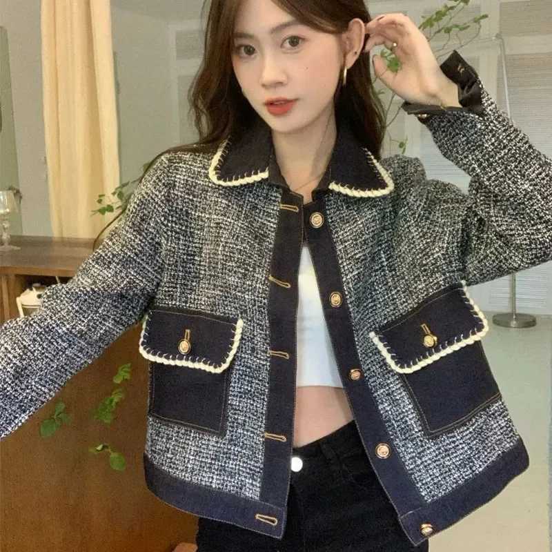 Xiaoxiangfeng Denim Coat Womens Short 2023 New Spring and Autumn Vintage Hong Kong Style Celebrity Thousand Bird Plaid Top TideT260310
