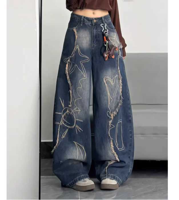 New Large Size Retro Women Loose Wide-leg Mopping Jeans Fashion High Waist Versatile Age-reducing Blue Printed Straight Trousers M260310