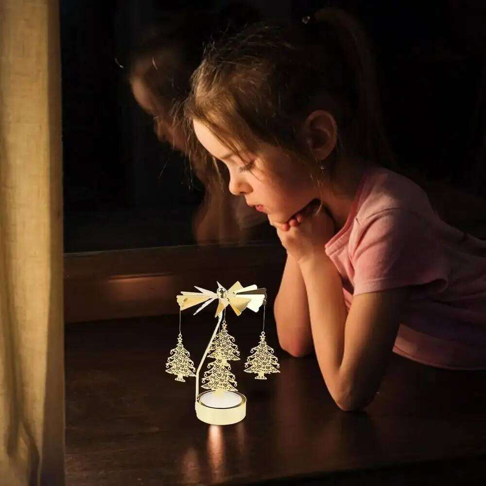 Metal Tea Light Gold Silver Hollow Christmas Rotating Candle Holder Angel Carousel Pattern H260310