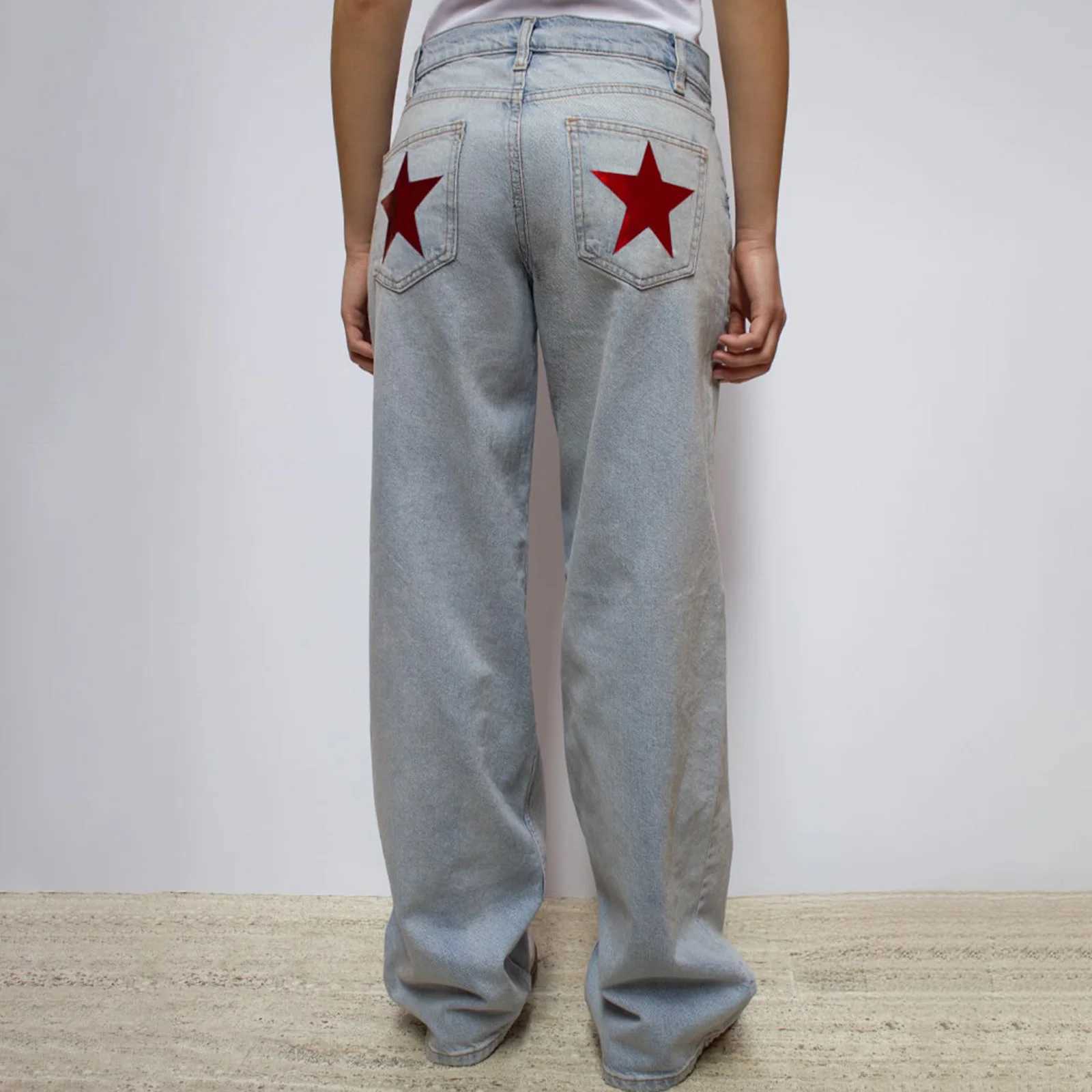Womens Spring Fall Baggy Jeans Pants High Waist Loose Straight Leg Denim Pants with Star Pockets Y2K Vintage StreetwearT260310