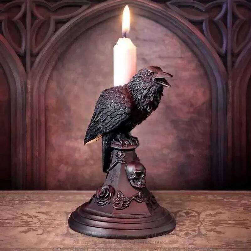 Gothic Crow Candle Holder Retro Black Owl Candlestick Resin Sculpture Craft Halloween Statue Fun Atmosphere Home Decoration H260310