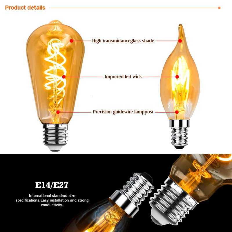 12pcs Reteo Edison Light Bulb 220V E27 E14 C35 G45 A60 ST64 T45 T225 4W Vintage Spiral Led Filament Lamp For Home Vintage Lamps H260310