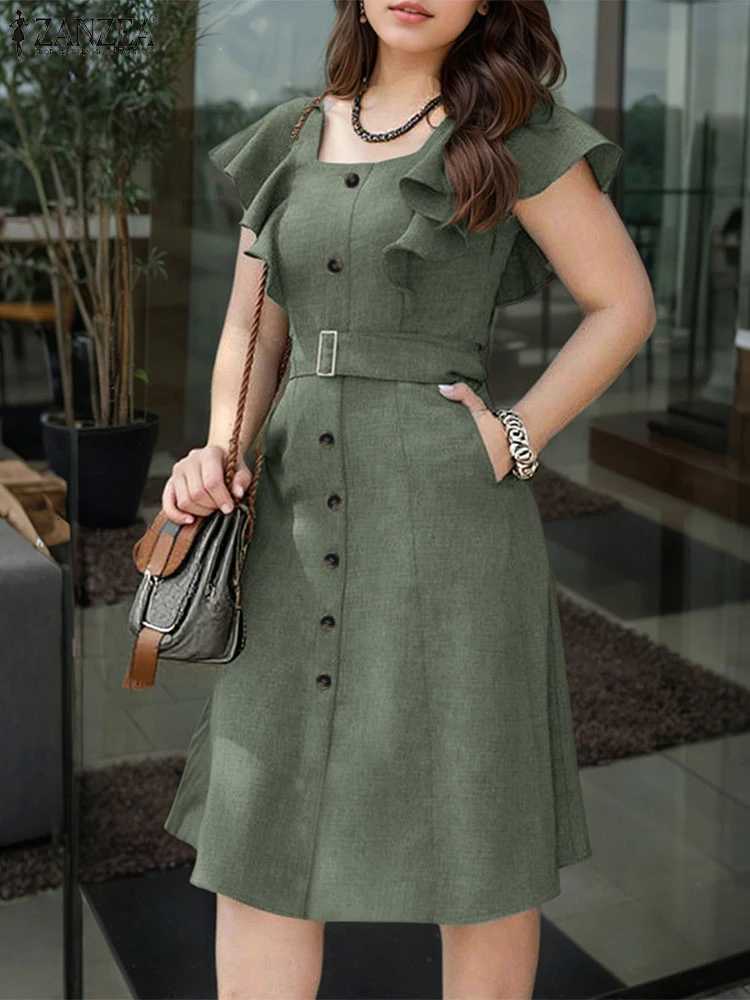 ZANZEA Elegant Women Office Lady Dress Summer Short Slve Ruffled Vestidos Casual Solid Color Square Collar Party Midi Sundress X260310