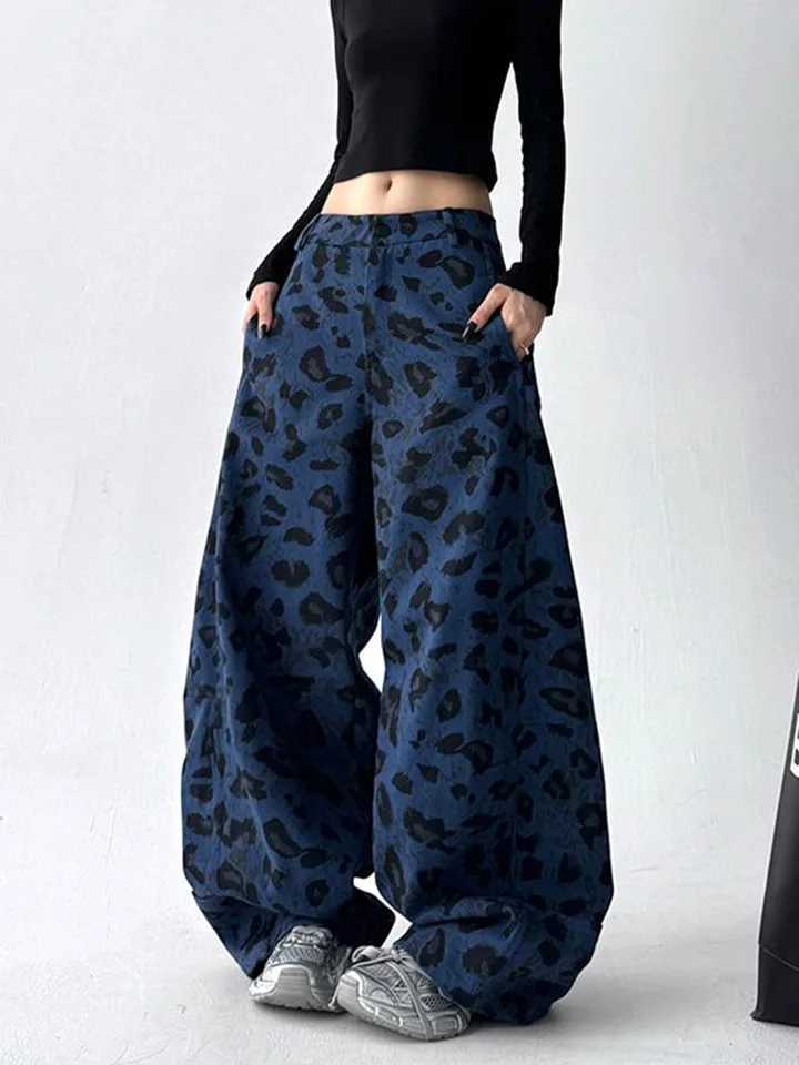 American Y2K Blue Leopard Jeans Women Vintage Casual High Waist Loose Denim Pants Harajuku Hip Hop Retro Bf Spring Trousers New M260310