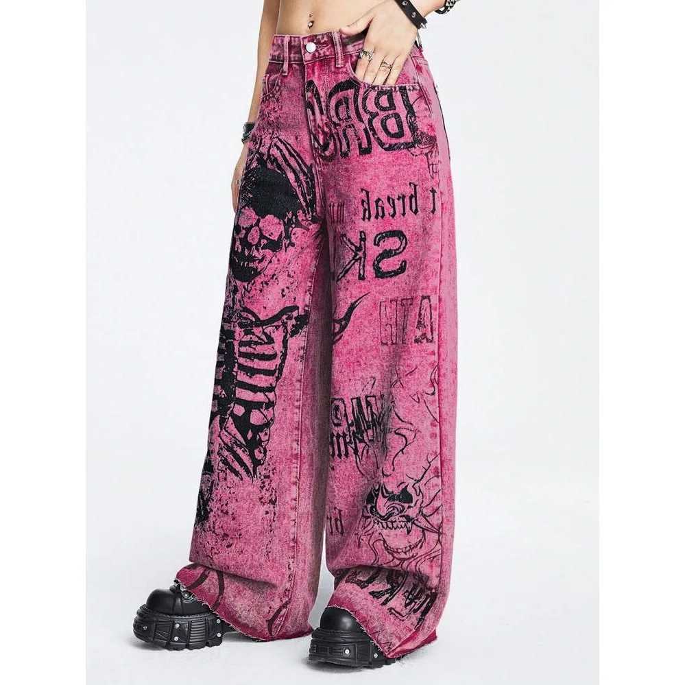 Pink Y2K Grunge Baggy Vintage Gothic Graffiti Skull Print 3D Lettering High Waist Wide Leg Pants Punk Fashion Streetwear M260310