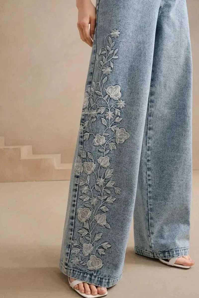 Y2k Pants New 2025 Trend Jeans for Woman Plus Size Comfort Stretch Washed Denim Embroidery Design Fashion Straight Leg M260310