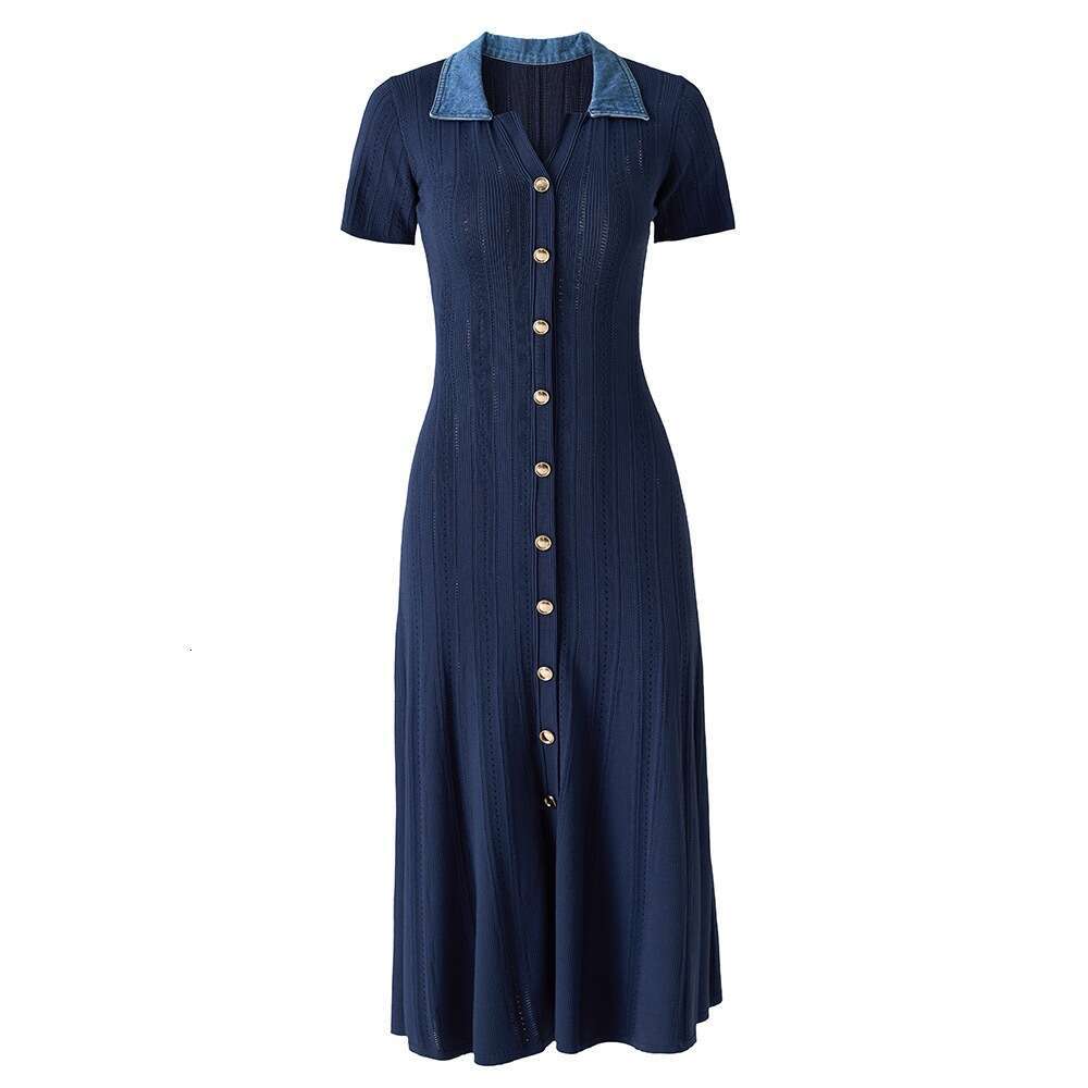 2026 new color blocked knitted mini V-neck women's short sleeved single breasted waist cinching elegant Middle Eastern dress