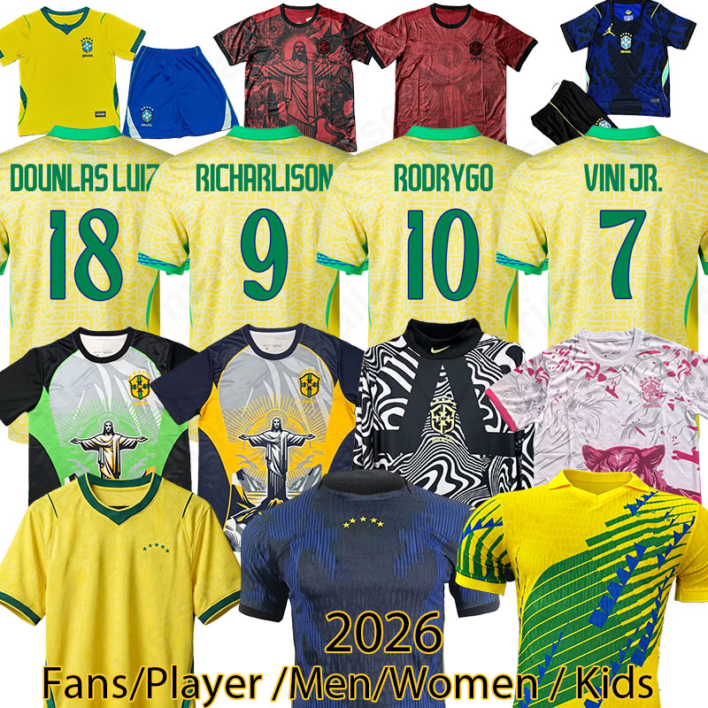 2026 World Cup Brazil Soccer Jersey MARQUINHOS BRUNO G RODRYGO Special Jesus Edition 2026 Brasil VINI JR RAPHINHA MARTINELLI Fans 4XL Players kids kit Jersey 11