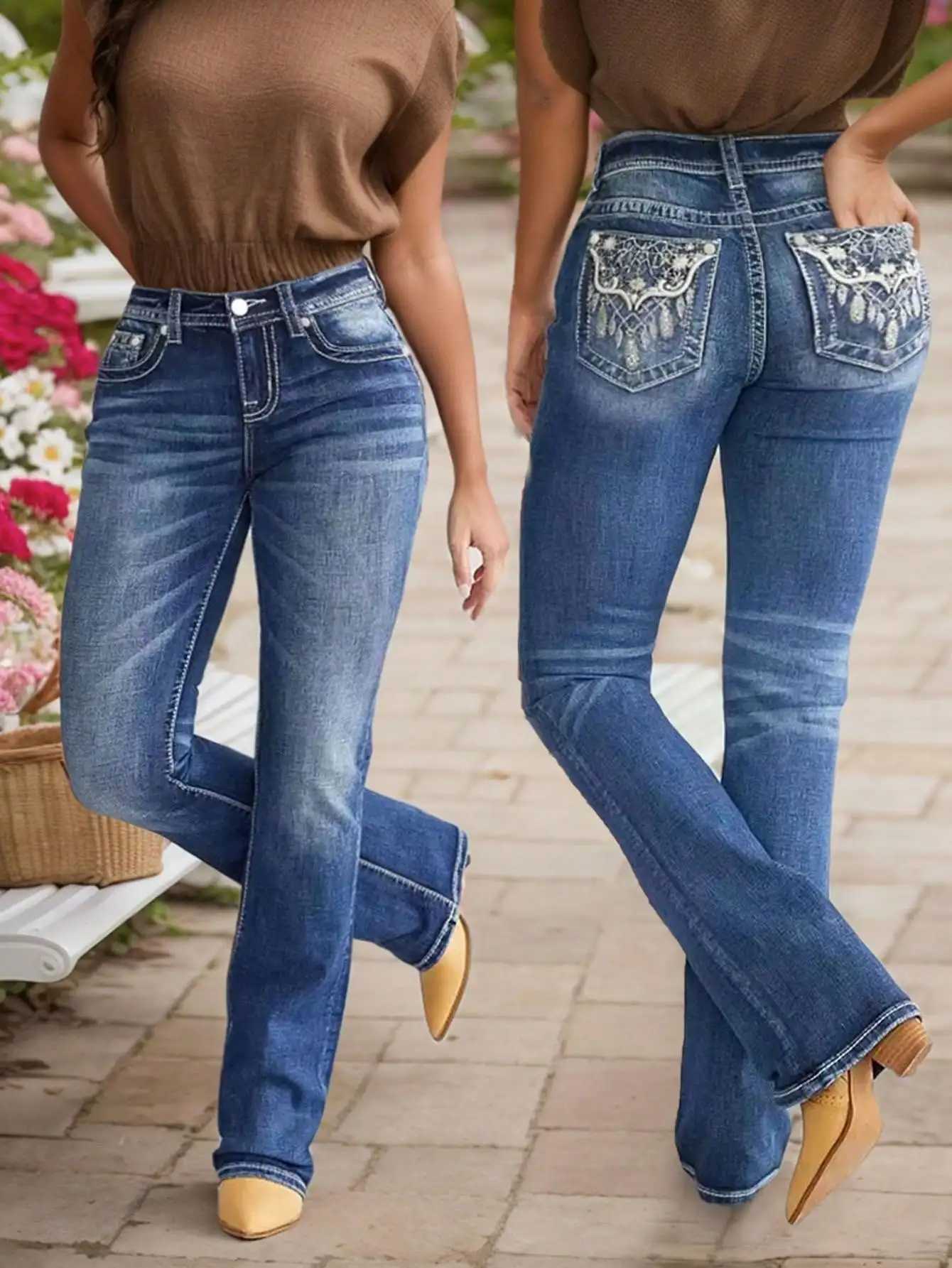 Womens Embroidered Flare Jeans - Stylish High-Waisted Denim with Unique Stitching Detail M260310