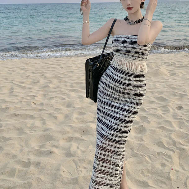 2026 Spring and Summer New French Elegant Tassel Edge Black and White Striped Knitted Tube Top and Skirt Set for Women