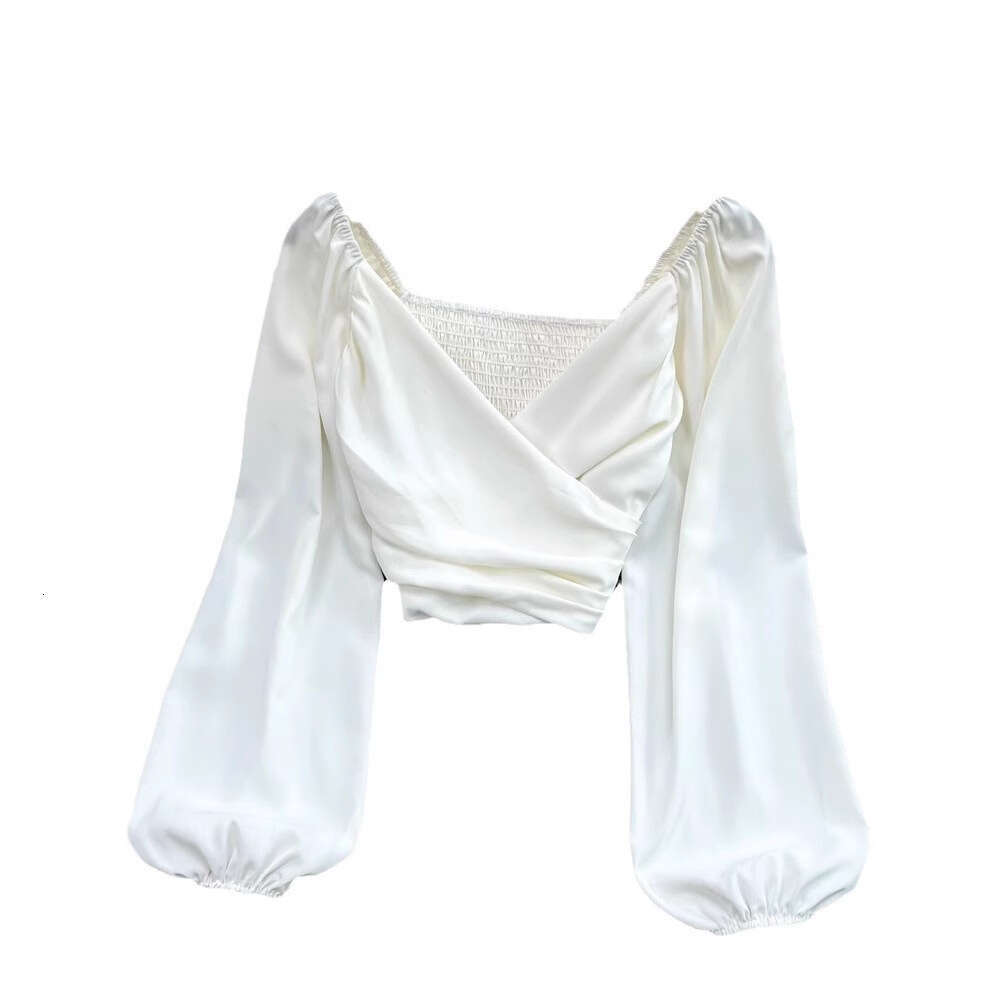 Spring fashion V-neck pleated collarbone exposed fluffy long sleeved pullover for women's fashionable and unique short top