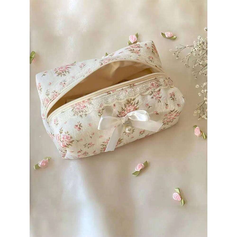 1PC Pink Ladies' makeup bow floral bag, Sweet girls' skin care products storage bag XJ260310