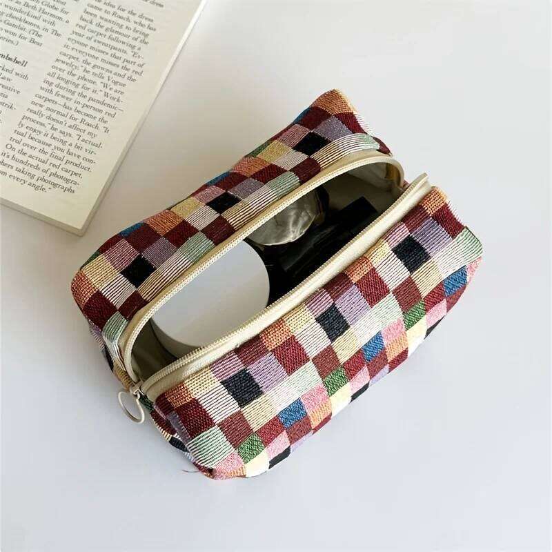 Retro Plaid Makeup Bag with Mirror, Double Layer Chinese Design Cosmetic Case, Women Travel Organizer for Skincare Essentials XJ260310