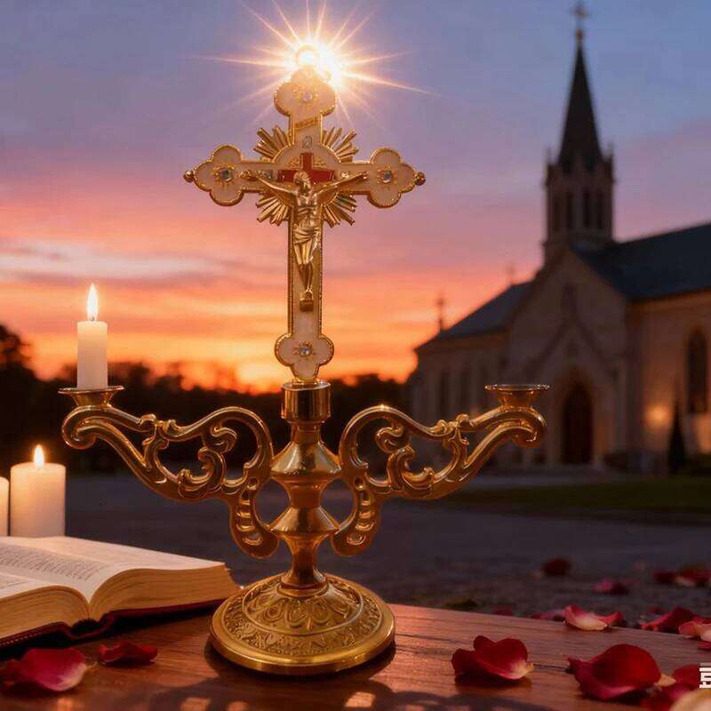 Christian Catholic Sacred Crucifix Table Stand Candlestick with Handle Metal Tabletop Candle Holder Home Furnishing Desk Gift H260310