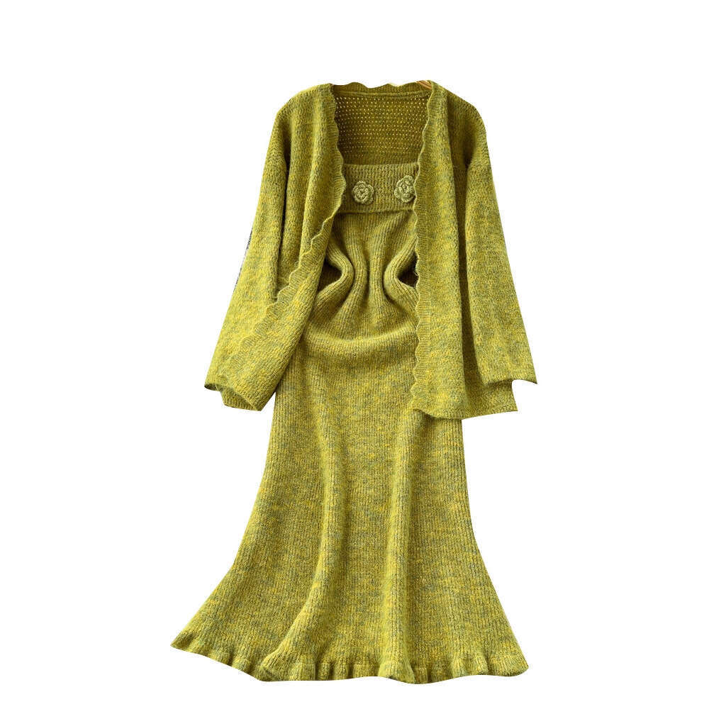 Gentle style women's autumn and winter clothing three-dimensional flower waist belt knitted dress loose jacket 2026