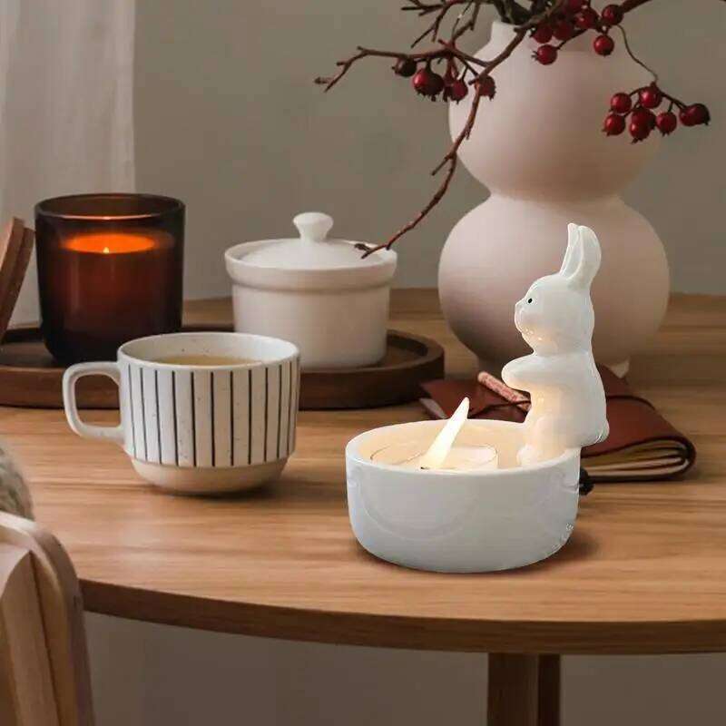 Warming Bunny Ceramic Cartoon Hands Its Paws Cute Holder Small Tea Light Candle Holders Scented H260310