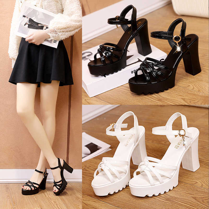 High-heeled sandals with thick heels and waterproof platforms, featuring a versatile combination of thin straps, suitable for all seasons J260310