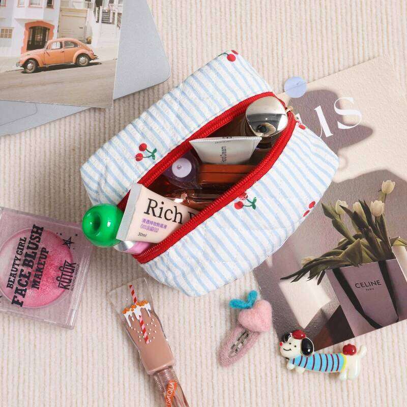 Plaid Bow Makeup Bag Quilted Cherry Cosmetic Pouch Student Lightweight Storage XJ260310