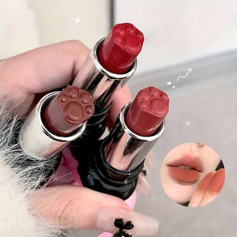 Velvet Matte With Cute Keychain Bear Paw Design, Highly Pigmented Black Tube Lipstick For Students & Daily Makeup Z260310