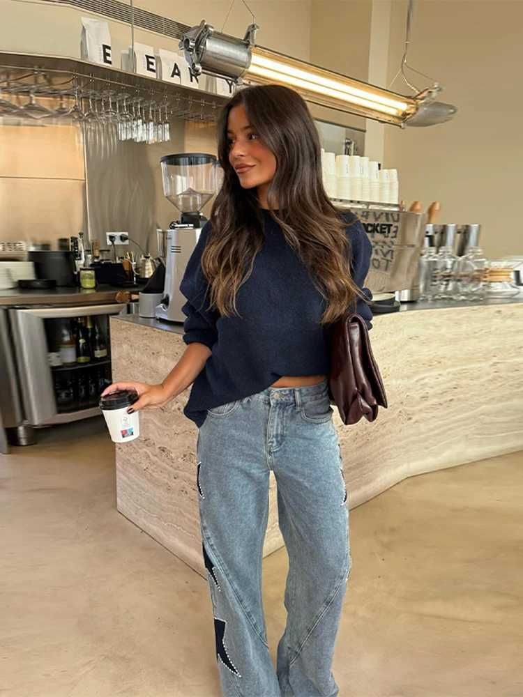 Casual Blue Denim Pentagram Patchwork Pants Women Chic High Waist Button Zipper Loose Trouser 2025 New Daily Commute Street WearT260310