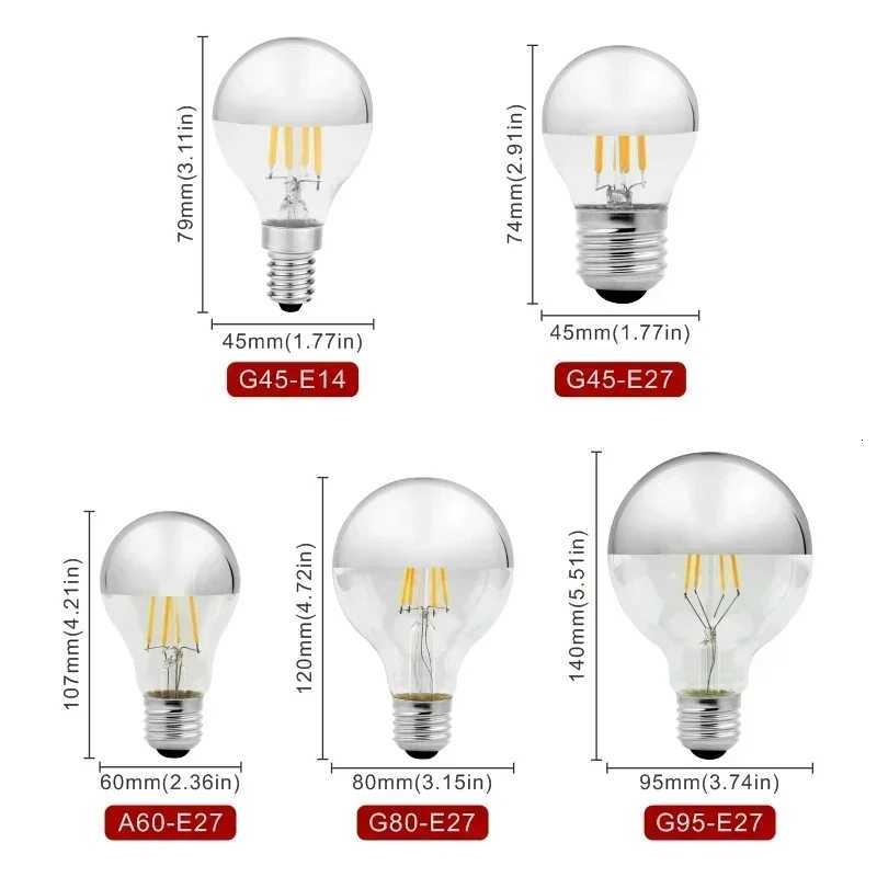 Mirror Silver Retro Edison LED Light Bulb E14 E27 4W G45 A60 ST64 G80 G95 Vintage Filament Lampada LED Lamp Warm White Lighting H260310