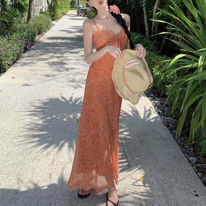 2026 Spring and Summer New Designer Flower Festival Long Skirt with Waist and Lovely Orange Tank Top Dress