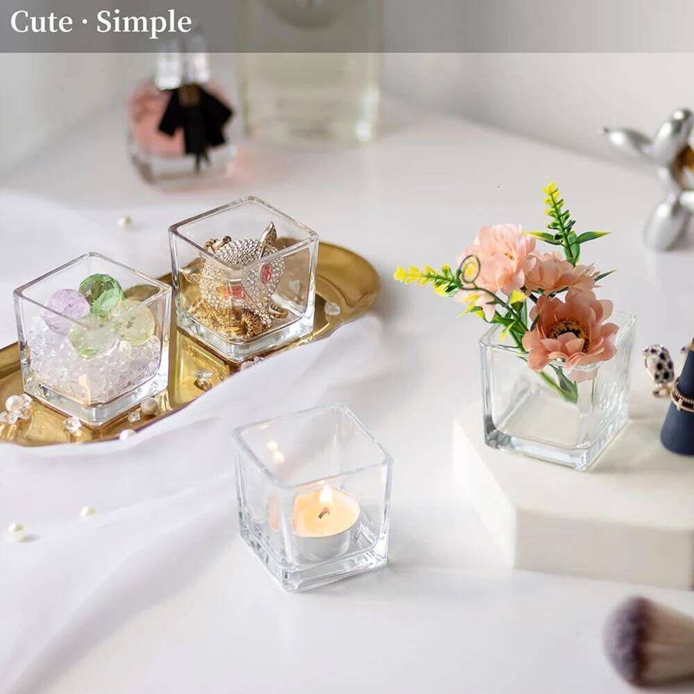 Square Holders for Table Centerpieces, Small Tealight Holder Set of 12, Clear Glass Votive Candle Holders, Mini Cube Tea H260310