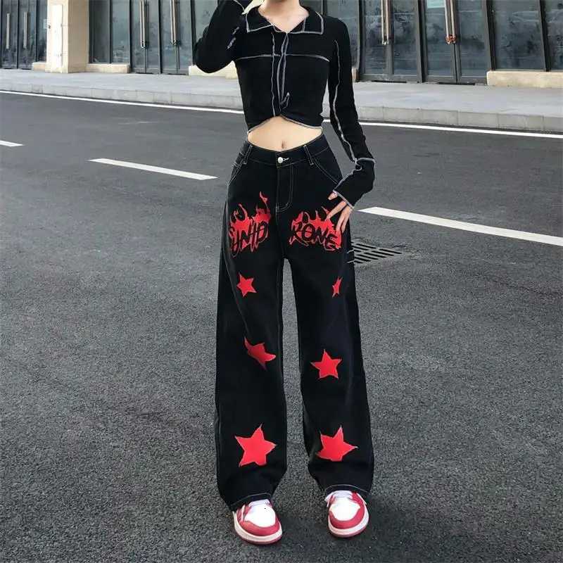 Hip Hop Vintage Women Black Red Jeans Streetwear Fashion Pants Star Painted High Waist Wide Leg Straight Casual Loose TrousersT260310