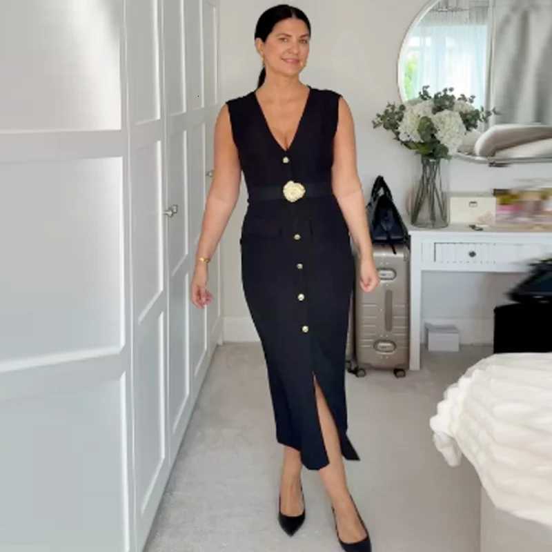 HXAO Womens Dresses Midi Black Dress Summer 2025 Elegant Casual Female Belt Button Slveless Long Dresses Chic Resort Vestidos X260310