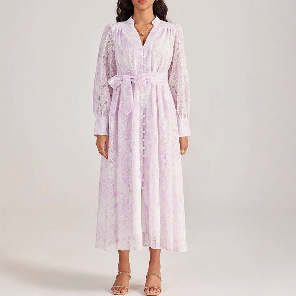 2026 autumn and winter European and American niche dark flower pattern goddess elegant loose tie waist cardigan multi-color long skirt