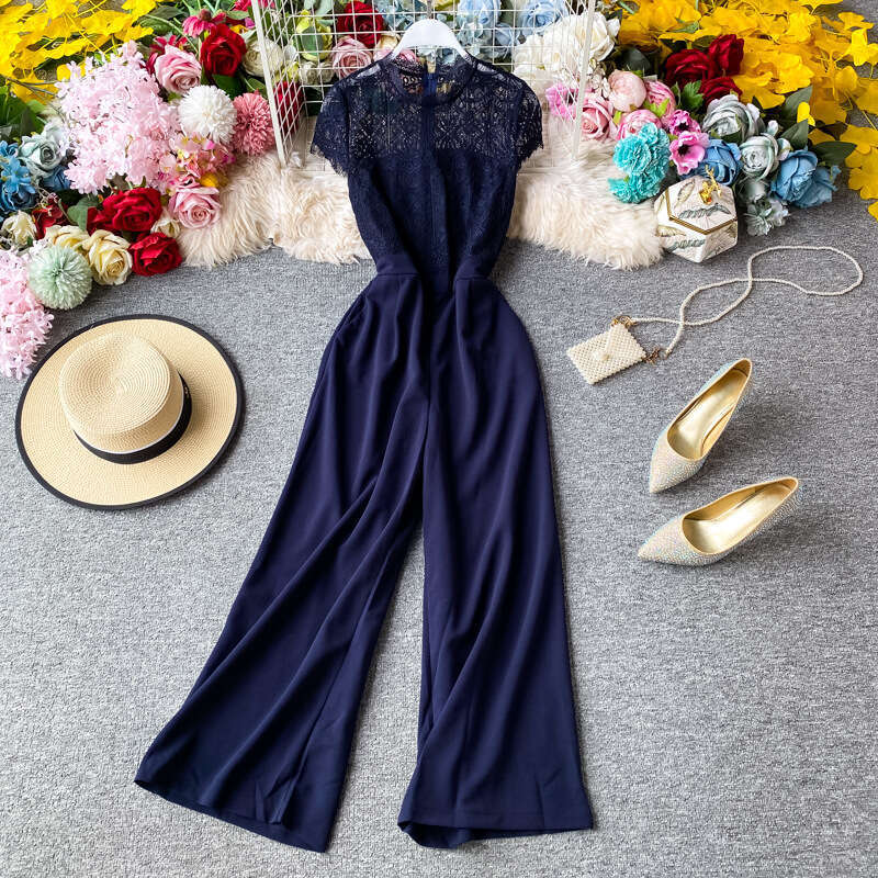 Fashionable and sexy women's 2026 summer series lace patchwork waist cinching slimming high waist straight leg long jumpsuit