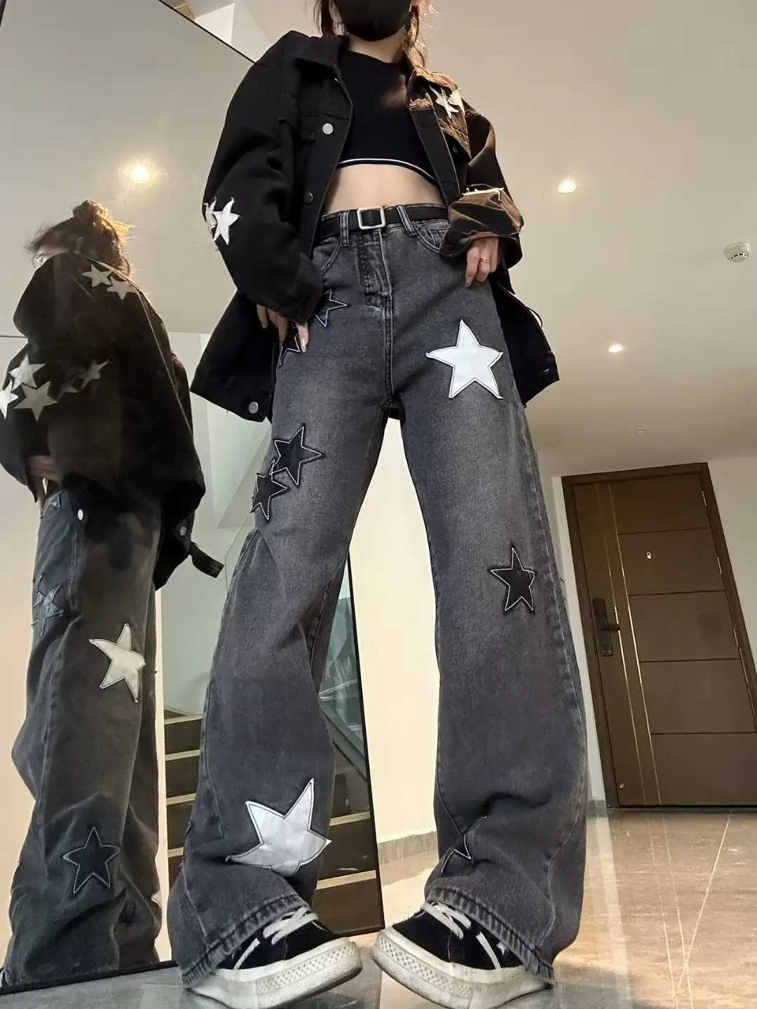 Star Print High Waist Jeans American Retro High Street Straight-leg Pants Patchwork Long Trousers Y2k Fashion Streetwear Baggy M260310