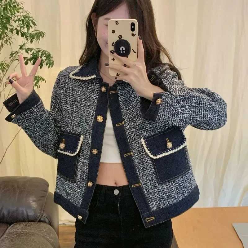 Xiaoxiangfeng Denim Coat Womens Short 2023 New Spring and Autumn Vintage Hong Kong Style Celebrity Thousand Bird Plaid Top TideT260310