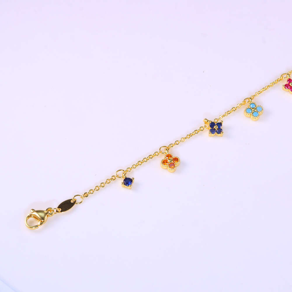 Clover Bracelet for Women Dainty O-Chain Colorful Zircon Inlaid Four-Leaf Clover Bracelet 18K Gold Plated Light Luxury INS Dopamine Adjustable Versati