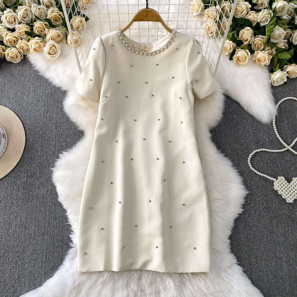 Luxury cross-border social heavy bead diamond accessories round neck women's summer dress with high-end texture