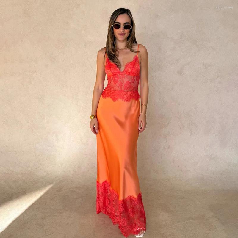 Casual Dresses Sleeveless Lace Patchwork Sling Dress Women Backless Off Shoulder See Through V-neck Slim Maxi Vestidos Lady Vacation