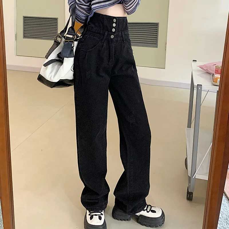 Hight Waist Denim Pant Women Jeans Vintage Straight Trousers Jeans Autumn Spring Fashion Female Black Casual Wide Leg Pants M260310