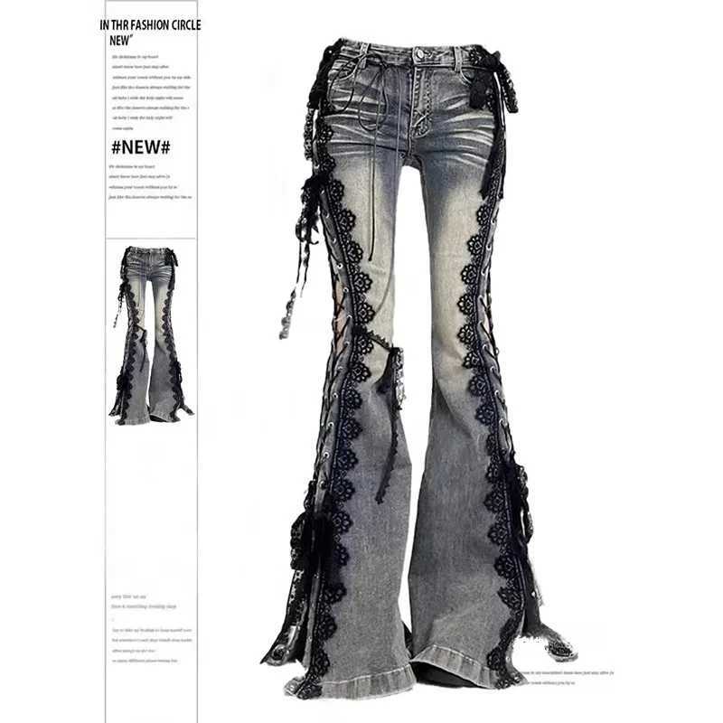 2025 Women AesTHetic Hot Harajuku Y2K Low Rise Lace Jeans Streetwear Denim Flare Pants Bell-Bottom Y2k Japanese GoTH Gyaru M260310