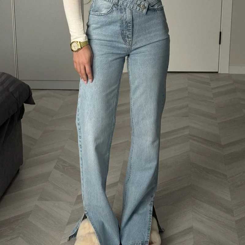 Autumn Dislocation Design High Waist Split Jeans Straight Trousers M260310
