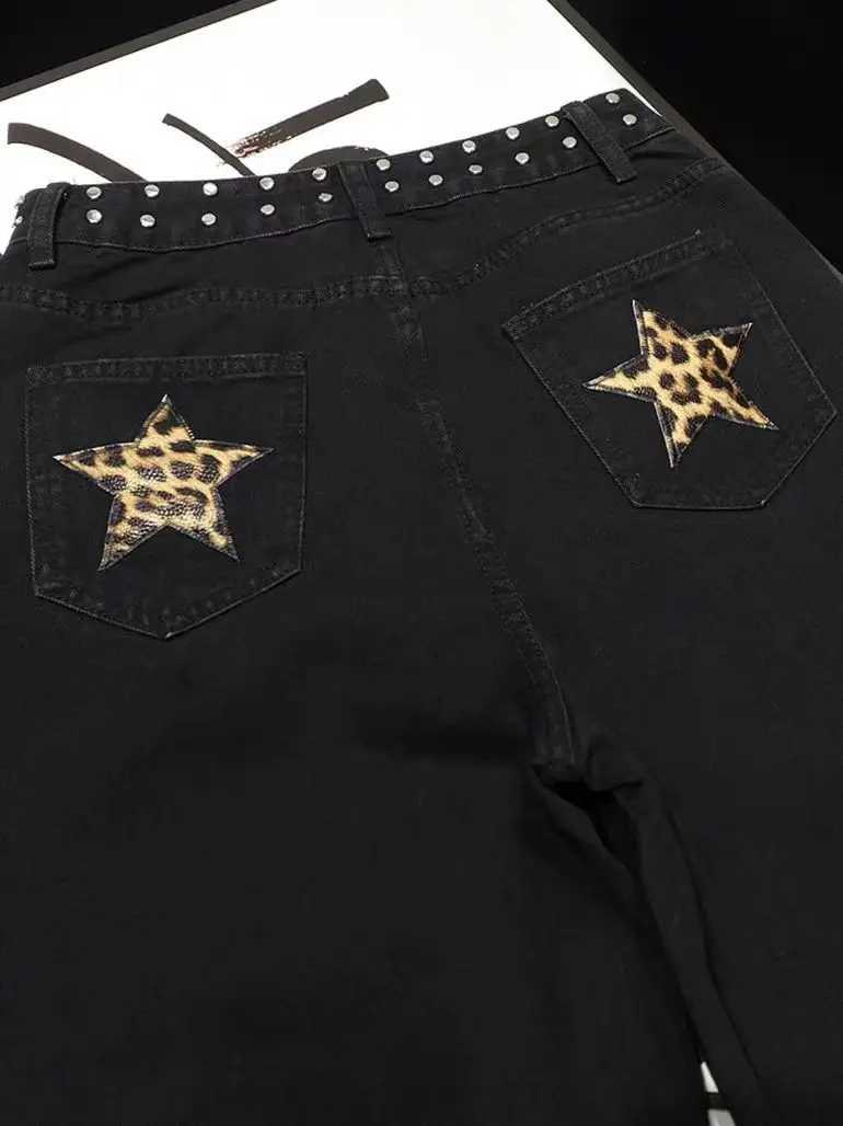 Black Gothic Leopard Splicing Pocket Retro Hip-Hop Jeans Women American Fashion Rock Rivet High Waist Loose Vintage StreetwearT260310