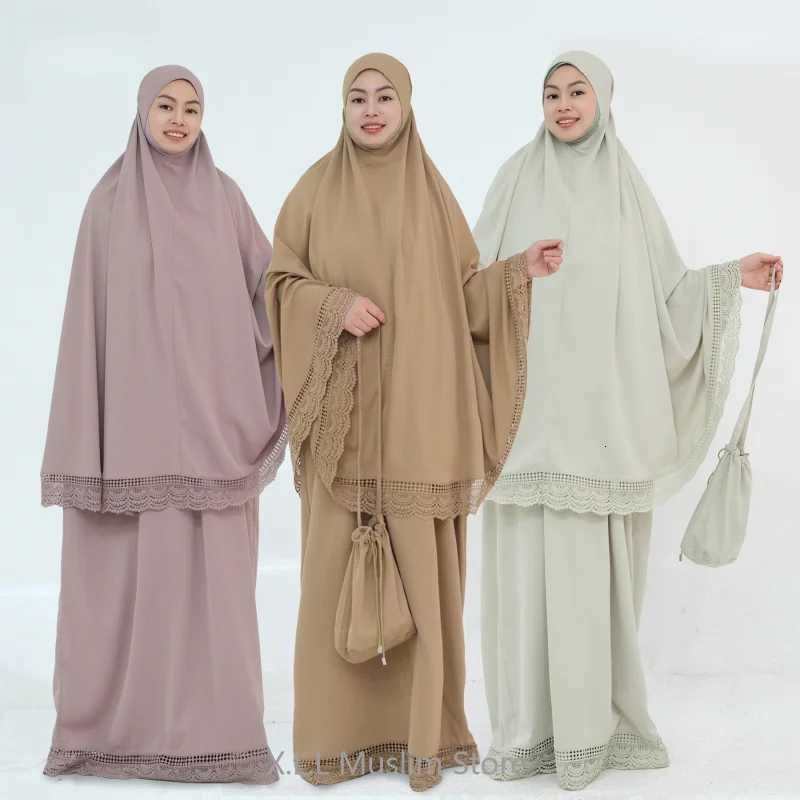 4PCSMuslims Woman Clothing Hijabis Outfit Abaaya Eid Ramadan Kaftan Ka Turkey Muslim Woman Prayer Outfit New Lace Khimar Set X260310