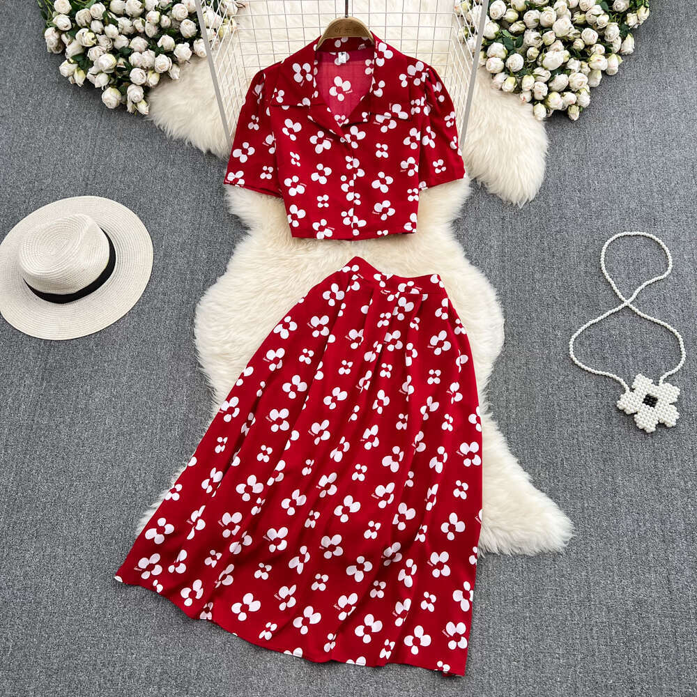 Women's Fashion Set Bubble Sleeve Top Short Sleeve Two Piece Set High Waist Printed A-line Skirt 2026