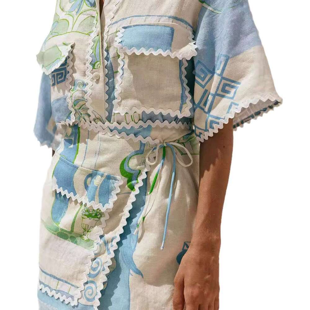 Fashion Printed Ruffle 2 Piece Set Women Summer Casual Patchwork Holiday Trendy Pocket Button Tops And Mini Skirt Two Piece Sets