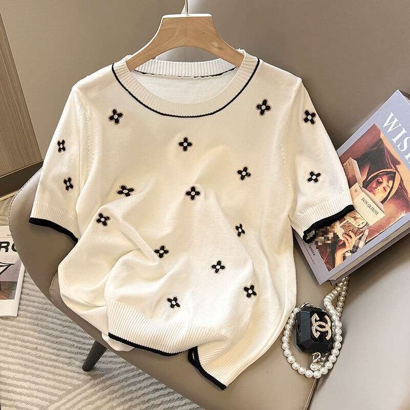 Summer New Fashion Simple Jacquard Short-Sleeve Knit Top, Korean Style Loose Round-Neck Thin Ice Silk Shirt