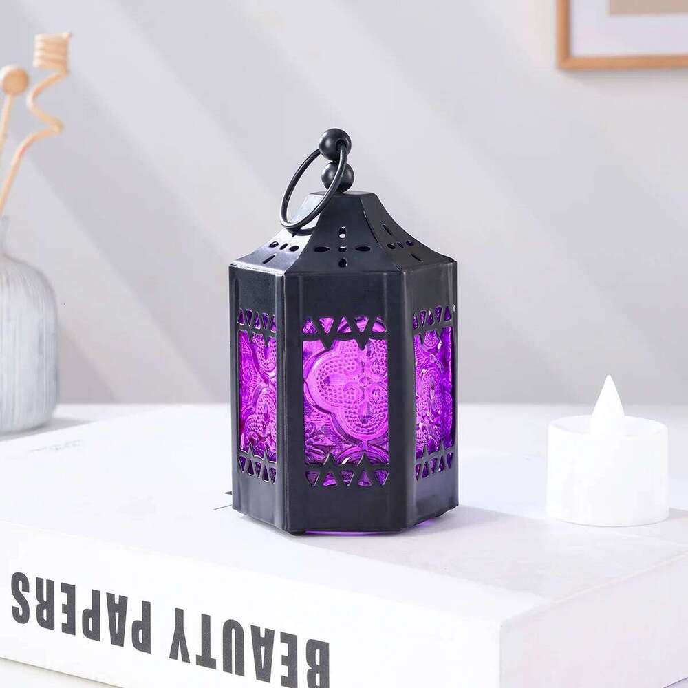 1PC, European retro ironwork, colored windproof glass, hexagonal hollowed-out candlestick lamp H260310