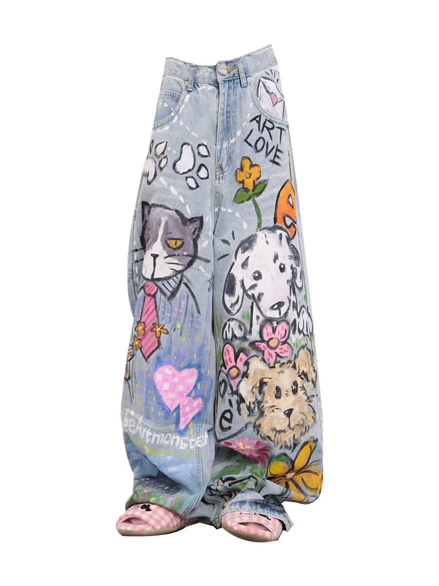 Doodle-printed Jeans American Casual Style Vintage Straight-cut Loose-fitting High-street Wide-leg Pants Y2k Baggy Jeans Ladies M260310