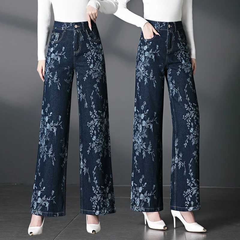 2025 Womens Autumn and Winter New Straight leg Jeans Large Jacquard Loose Elastic Wide Leg Casual Pants M260310