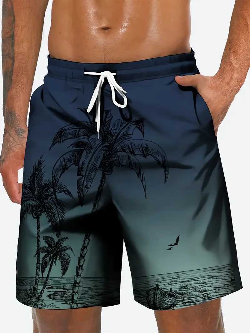 Summer Coconut Tree Pattern Swim Trunks For Men Fashion Beach Vacation 3D Printed Hawaiian Short Pants Loose Breathable Shorts N260310
